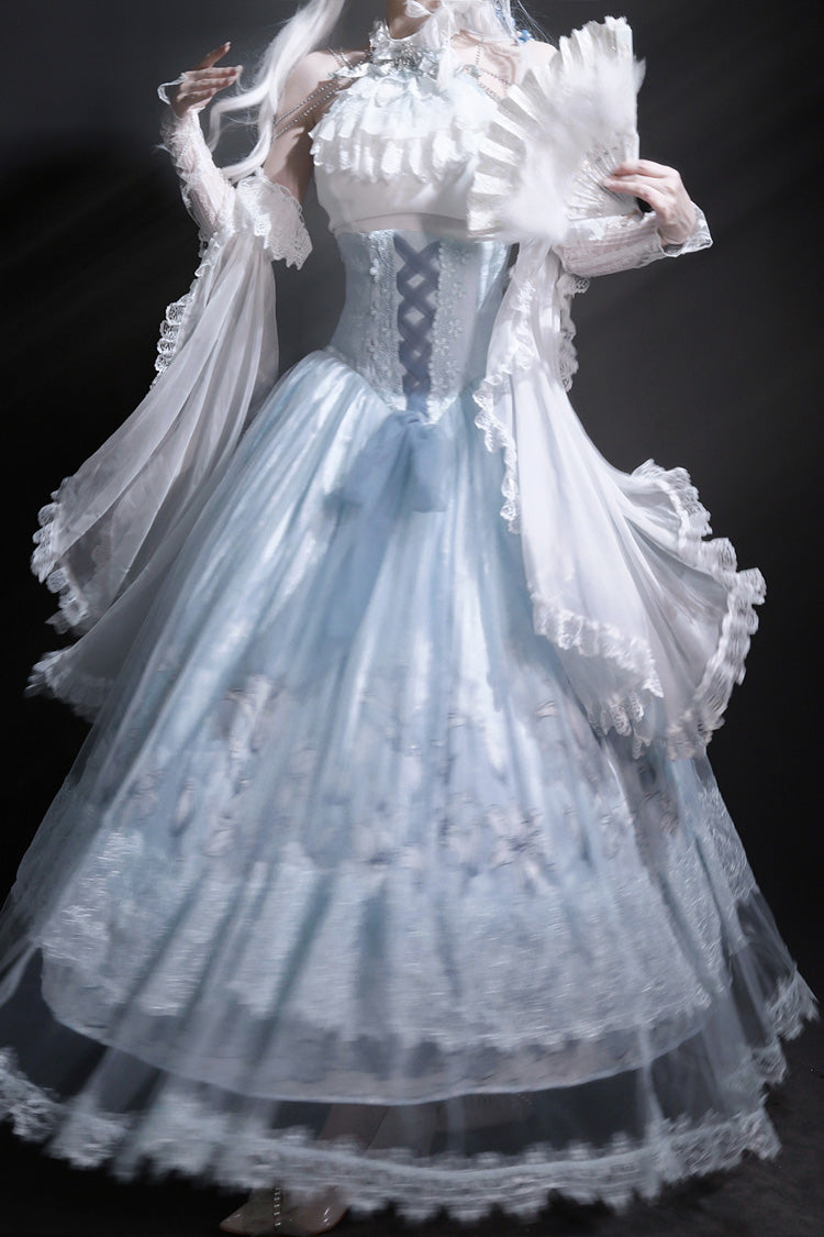 Snow Lily Print Ruffle Hanayome Embroidery Lace-Up Elegant Princess Lolita Skirt Set in Blue