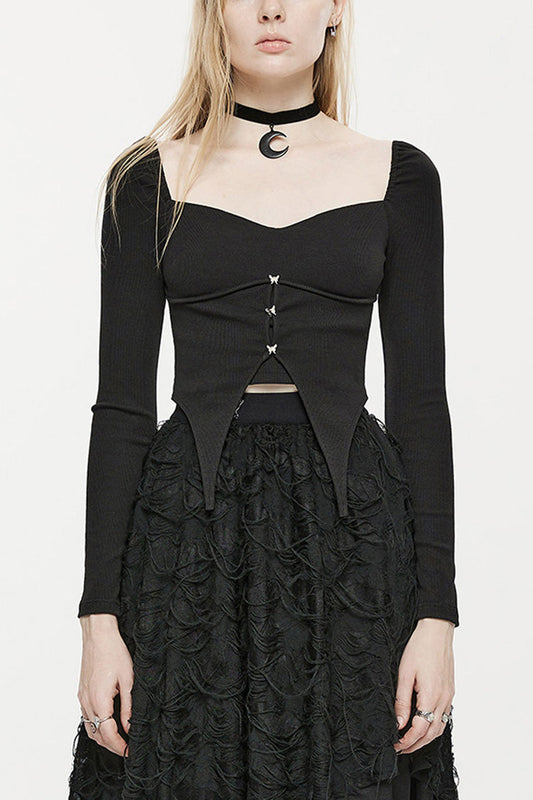 Gothic T-Shirt with Curved Split & Butterfly Button, Square Neck