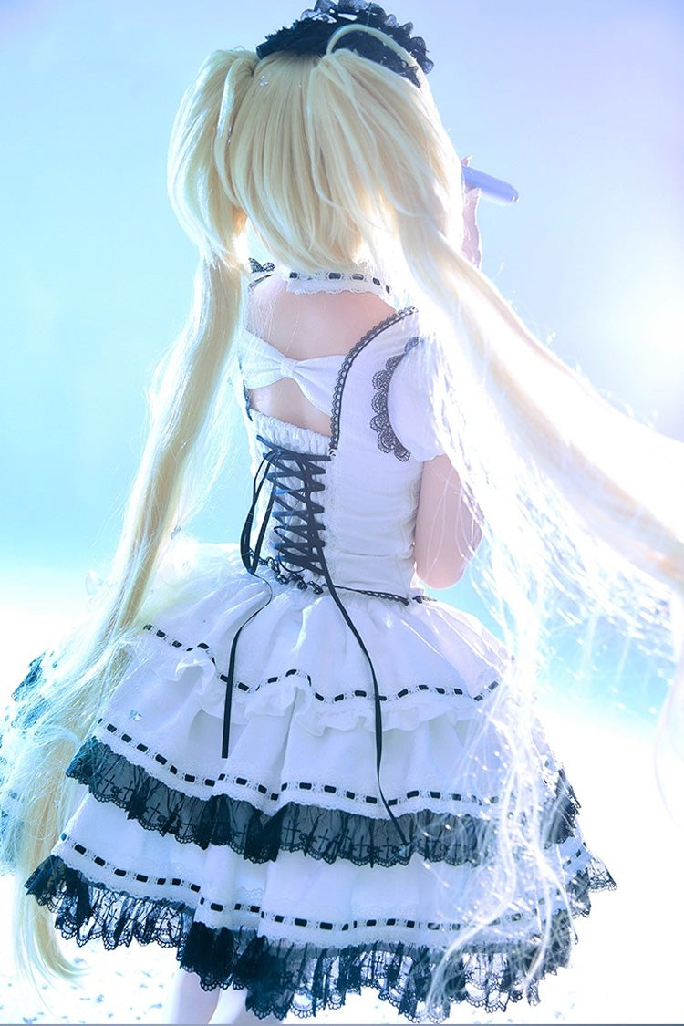 White Long Trumpet Sleeve Double-Layered Ruffled Bow Lace-Up Gothic Skirt Set
