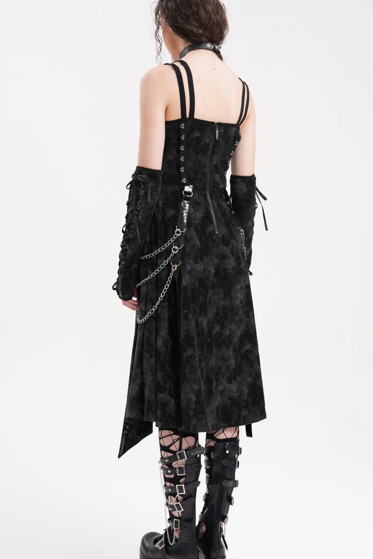 Gothic Slip Dress with Lace-Up Rings and Chains Plus Gloves