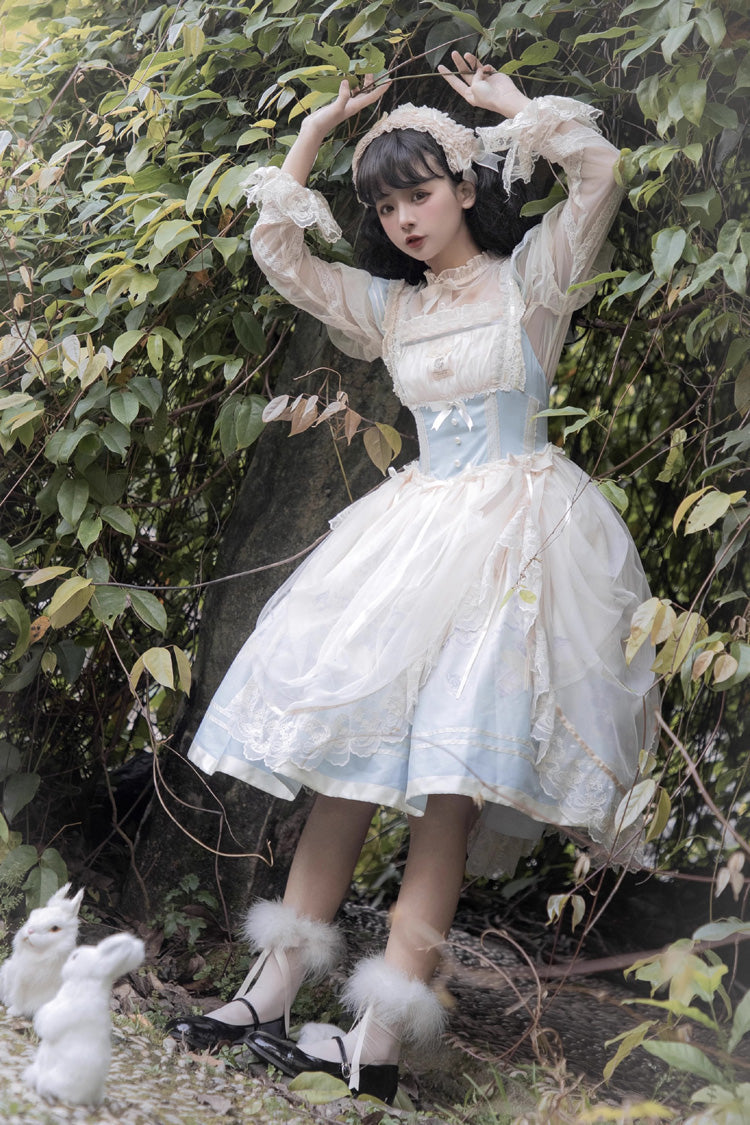Ballet Rabbit Print JSK Dress with Doll Design, Sweet Lolita
