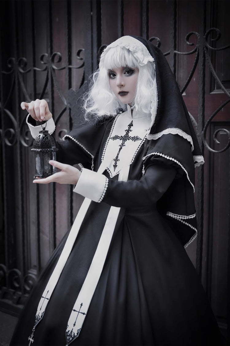Black Stitching Lace Long Sleeve Gothic Elegant Lolita Dress - Nun