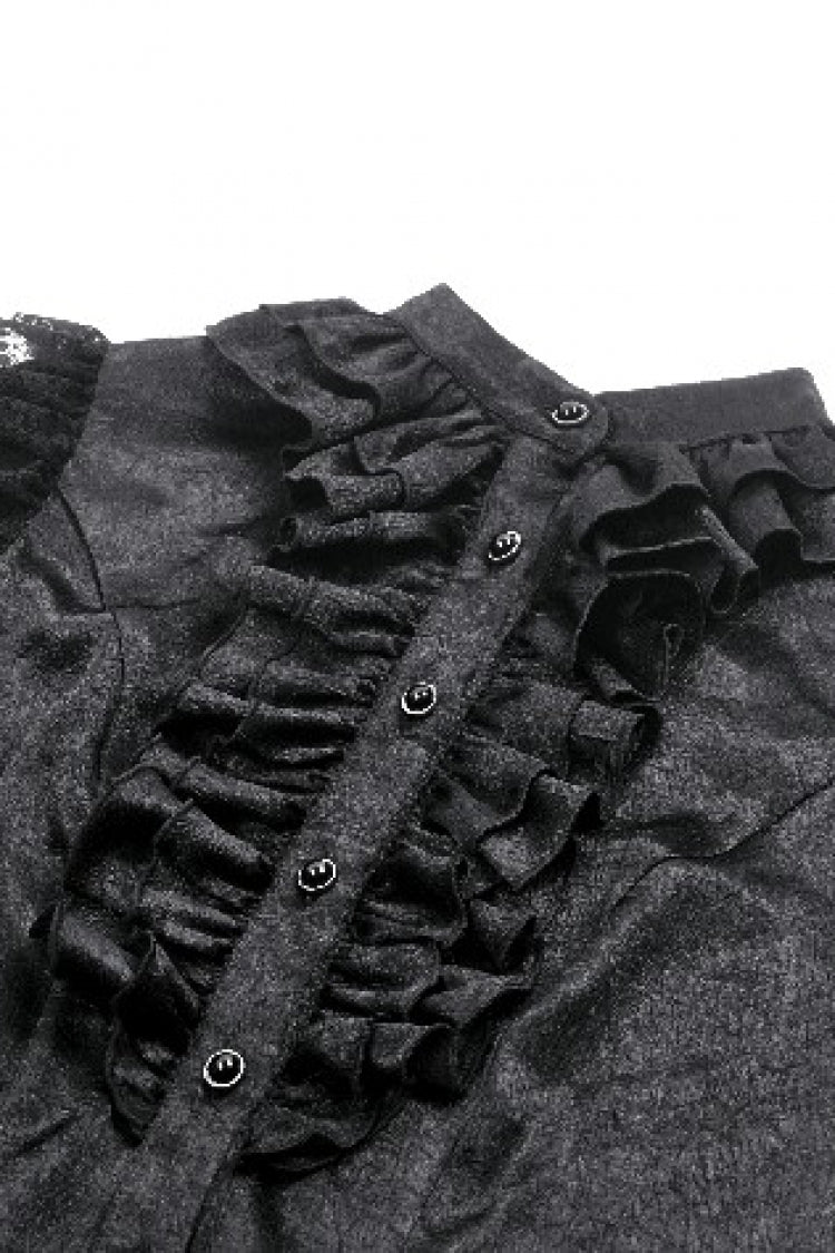 Jet-Black Gothic Blouse with Lantern Sleeves and Ruffled Lace