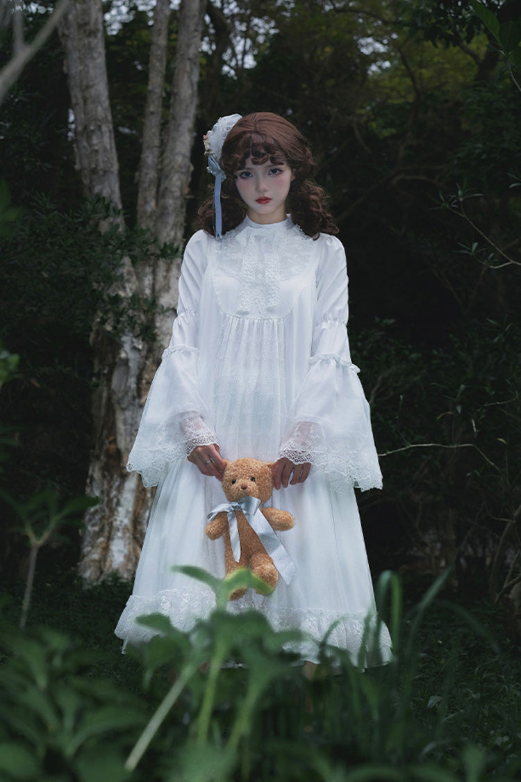 Ivory Stand Collar Long Sleeve Gothic Dress with Lace - Requiem