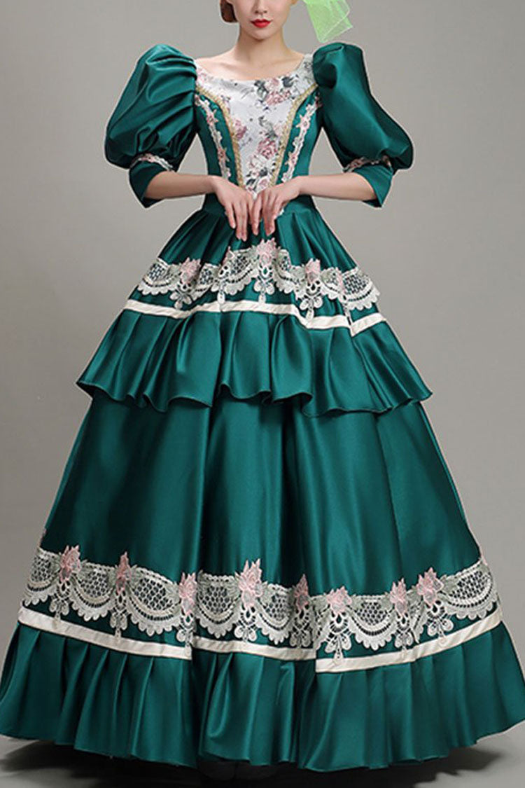 Jade Victorian Tiered Dress with Lantern Sleeves and Hollow Embroidery