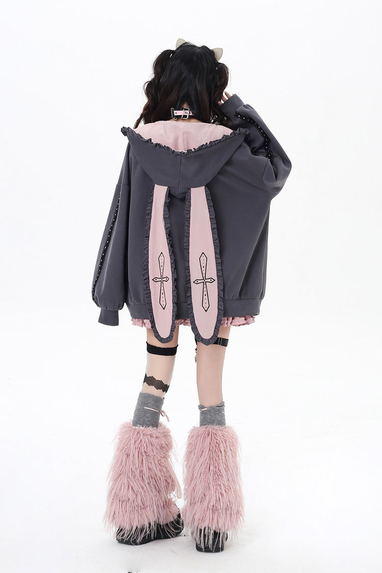 Heart Print Hooded Zipper Coat with Bunny Ears - Striped Bunny Ears