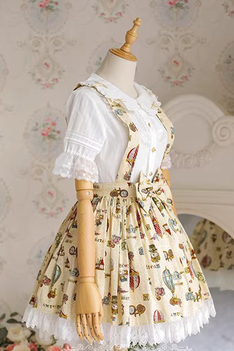 Lolita JSK Dress with Bow and Lace Print - Mechanical Balloon, 2 Tones