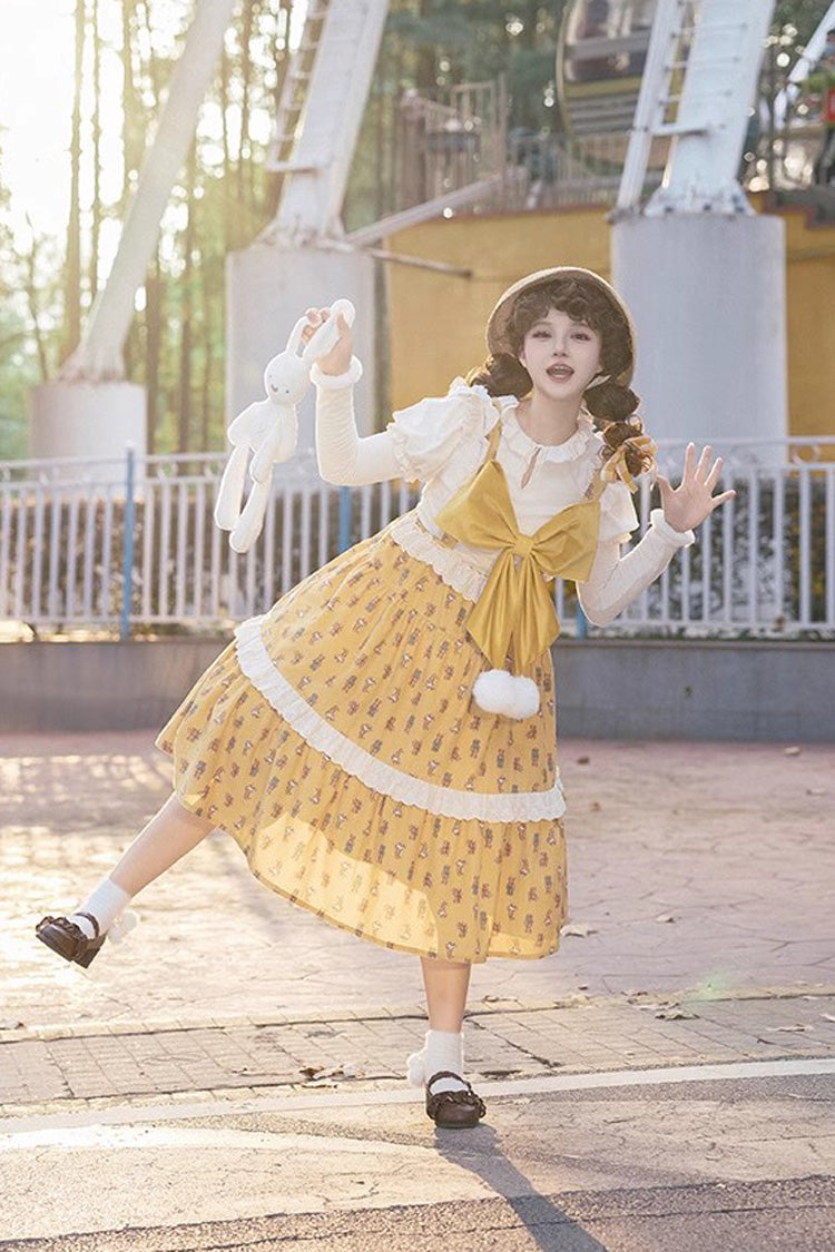 Yellow Stuffed Bear Printed Bow Sweet Lolita Jumper Dress