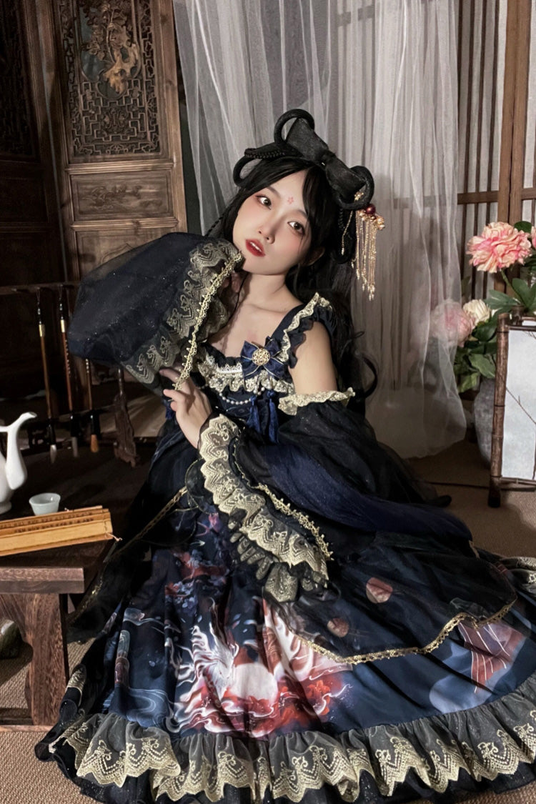 Classic Chinese Princess JSK Dress with Fox Print and Ruffled Bow - Nine-tailed Fox, 2 Tones