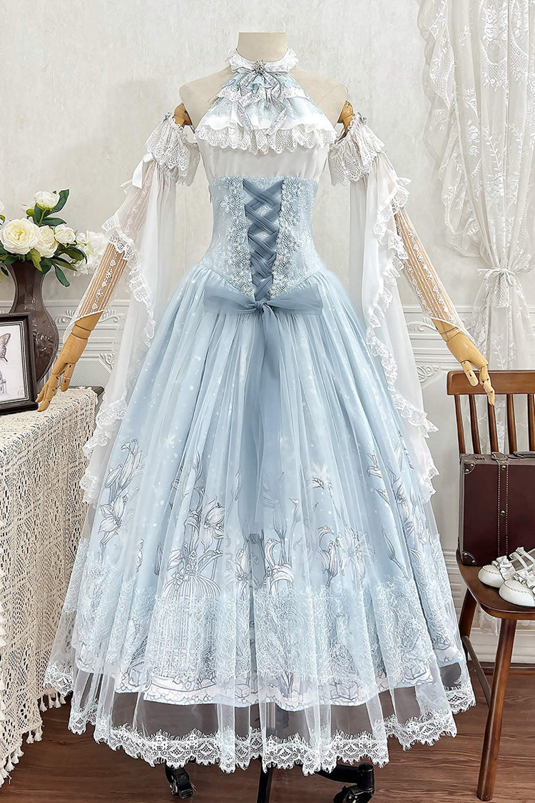Snow Lily Print Ruffle Hanayome Embroidery Lace-Up Elegant Princess Lolita Skirt Set in Blue
