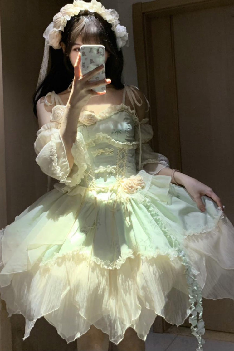 Tea Bamboo Song Green Sleeveless Jacquard Ruffle Bowknot Lace Irregular Sweet Chinese Style Ballet JSK Dress Set