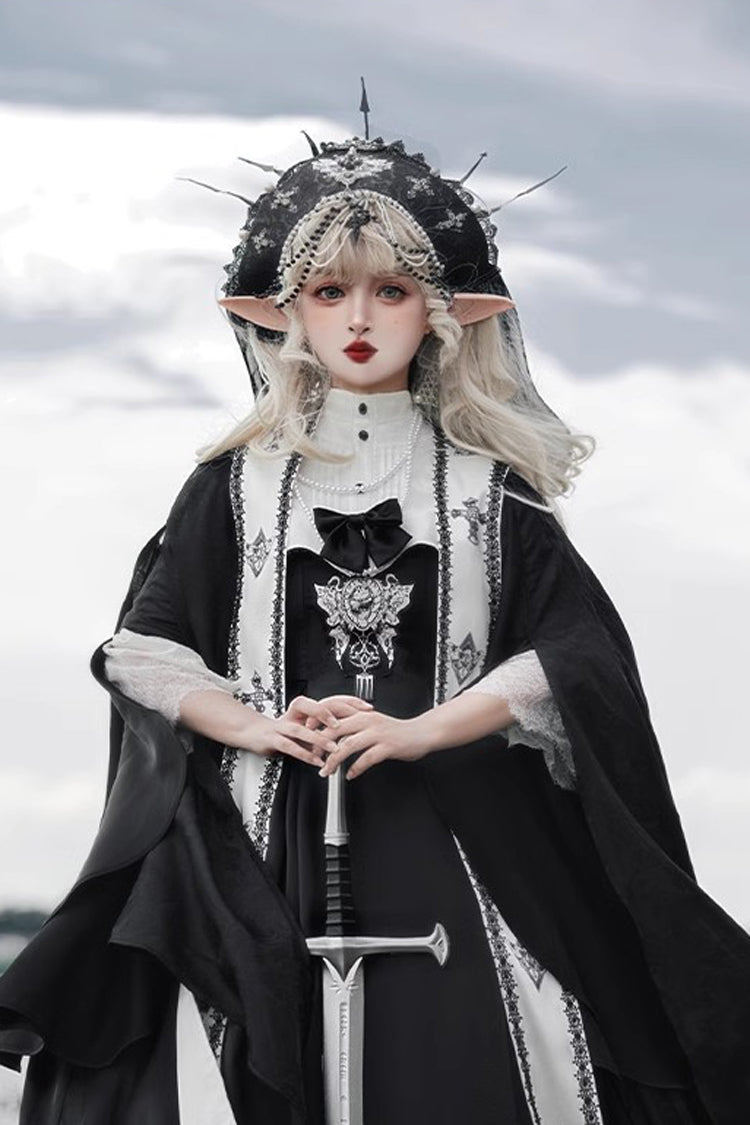 Onyx Stand Collar Off-Shoulder Printed Bow Gown - Cross Nun
