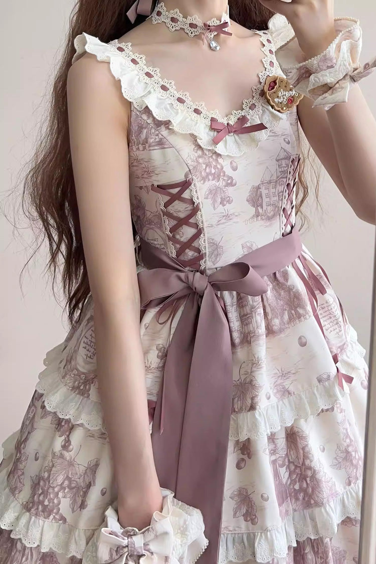 Grape Moon Almanac Sleeveless Multi-Layer Printed Ruffled Bow Adjustable Sweet Lolita JSK Dress