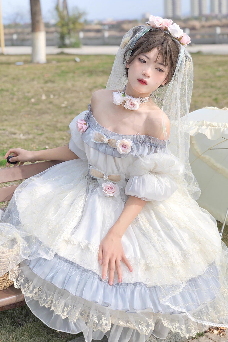 Long Sleeve Multi-Layer Ruffle Bow Lace Lace-Up Sweet Princess Lolita Dress - Grey Blue