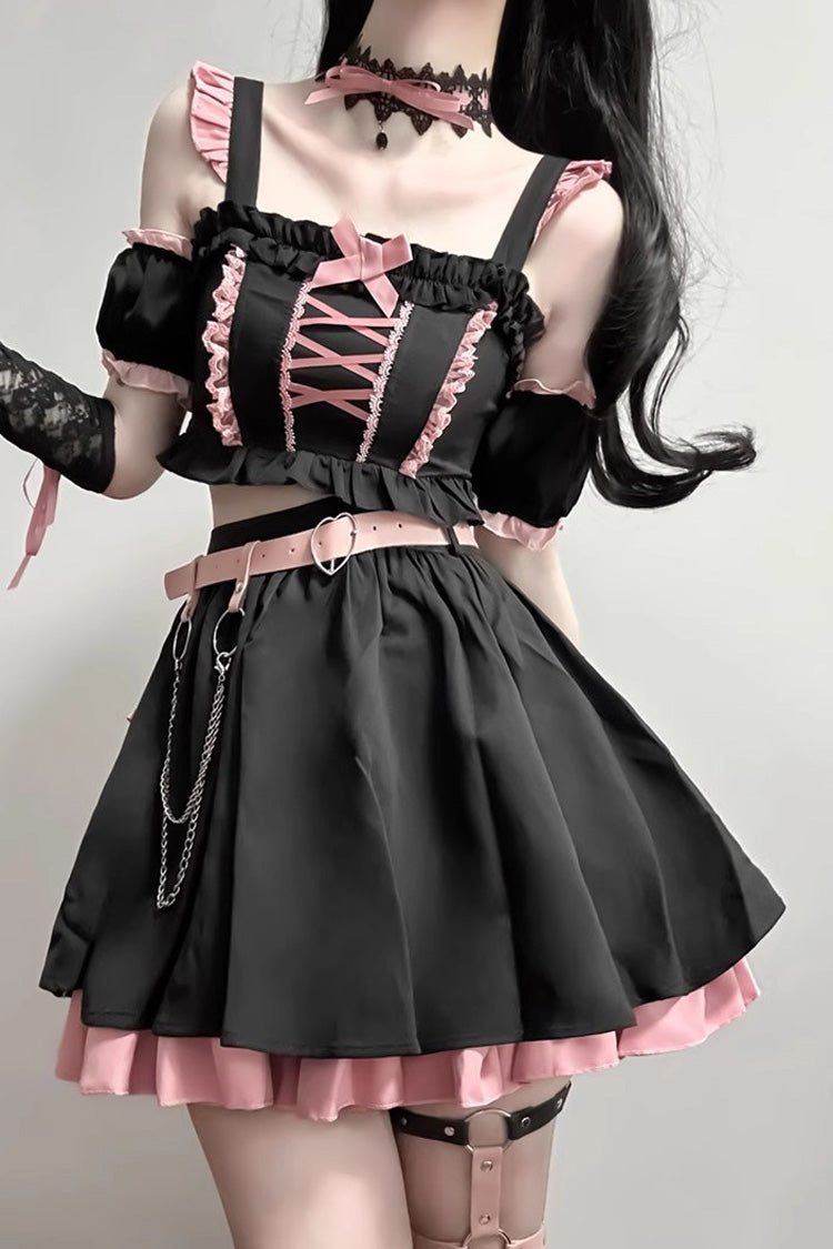 Black/Pink Tie Bow Gothic Sweet Strapless Two-Piece Dress Set - Sweet Lolita