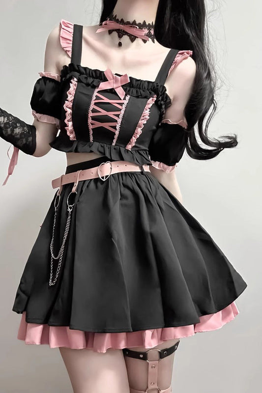 Black/Pink Tie Bow Gothic Sweet Strapless Two-Piece Dress Set - Sweet Lolita