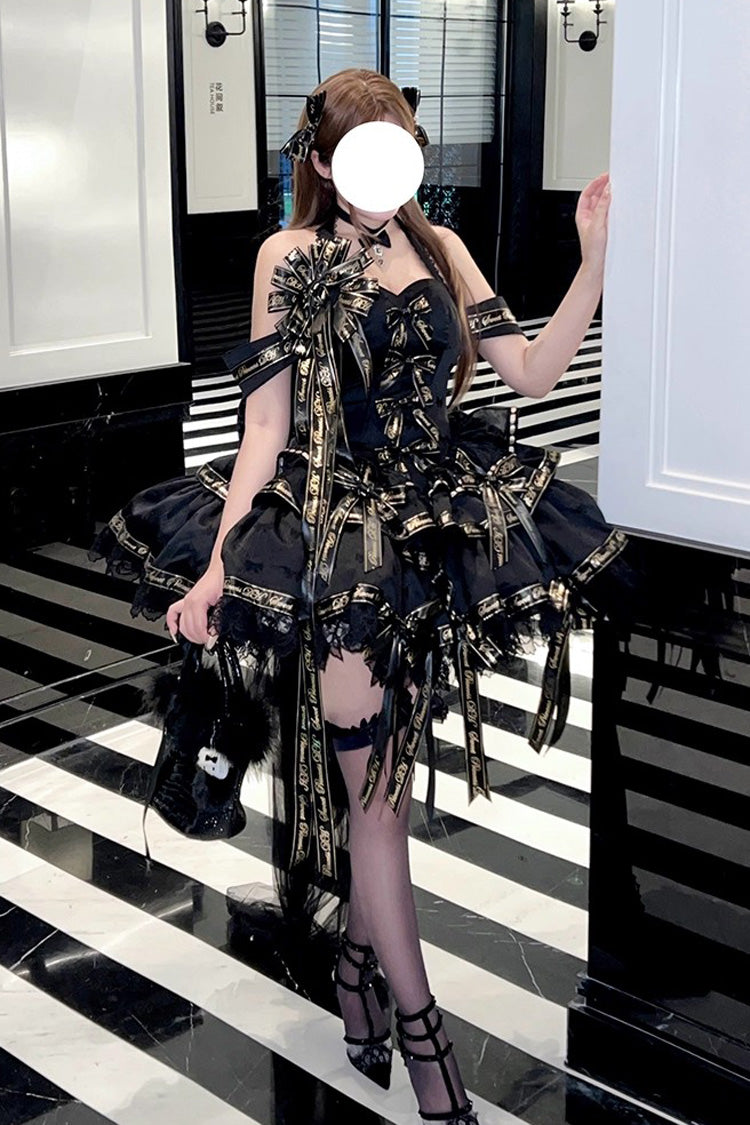 Black Halterneck Sleeveless Multi-Layered Ruffle Bow Elegant Gothic Dress