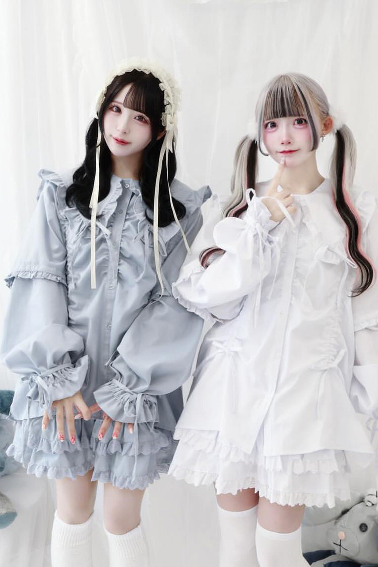 Japanese Blouse with Doll Collar, Long Sleeves, Ruffles, and Bow, 3 Colors