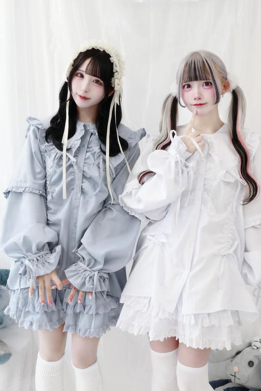 Japanese Blouse with Doll Collar, Long Sleeves, Ruffles, and Bow, 3 Colors