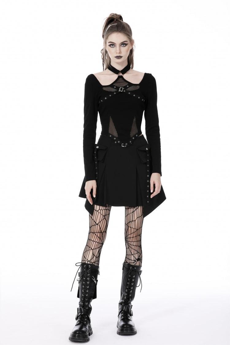 Trendy Black Eyelet Mesh Splice Long Sleeve Halter Punk Crop Top