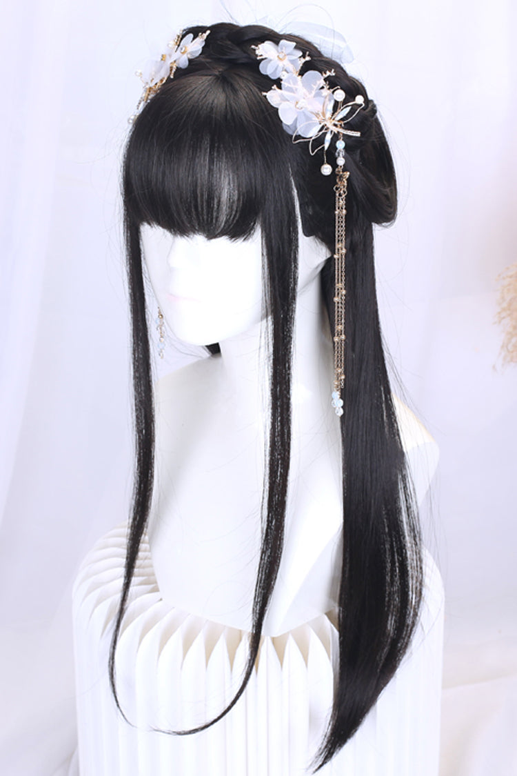 Long Natural Wig with Ancient Full Headgear for Hanfu Lolita in 2 Tones