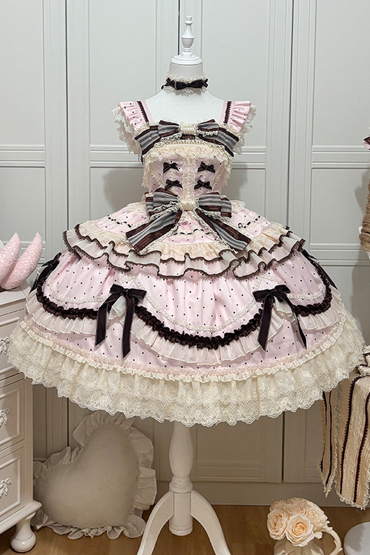 Sleeveless Print Ruffle Bow Lace-Up Sweet Elegant Lolita Jumper Dress - Pink