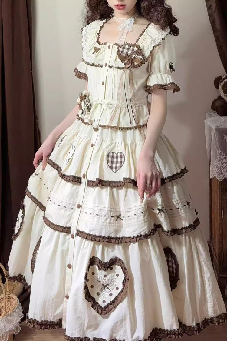Cream Lovely Heart Triple-Layer Embroidery Bow Frilled Elegant Sweet Lolita Skirt