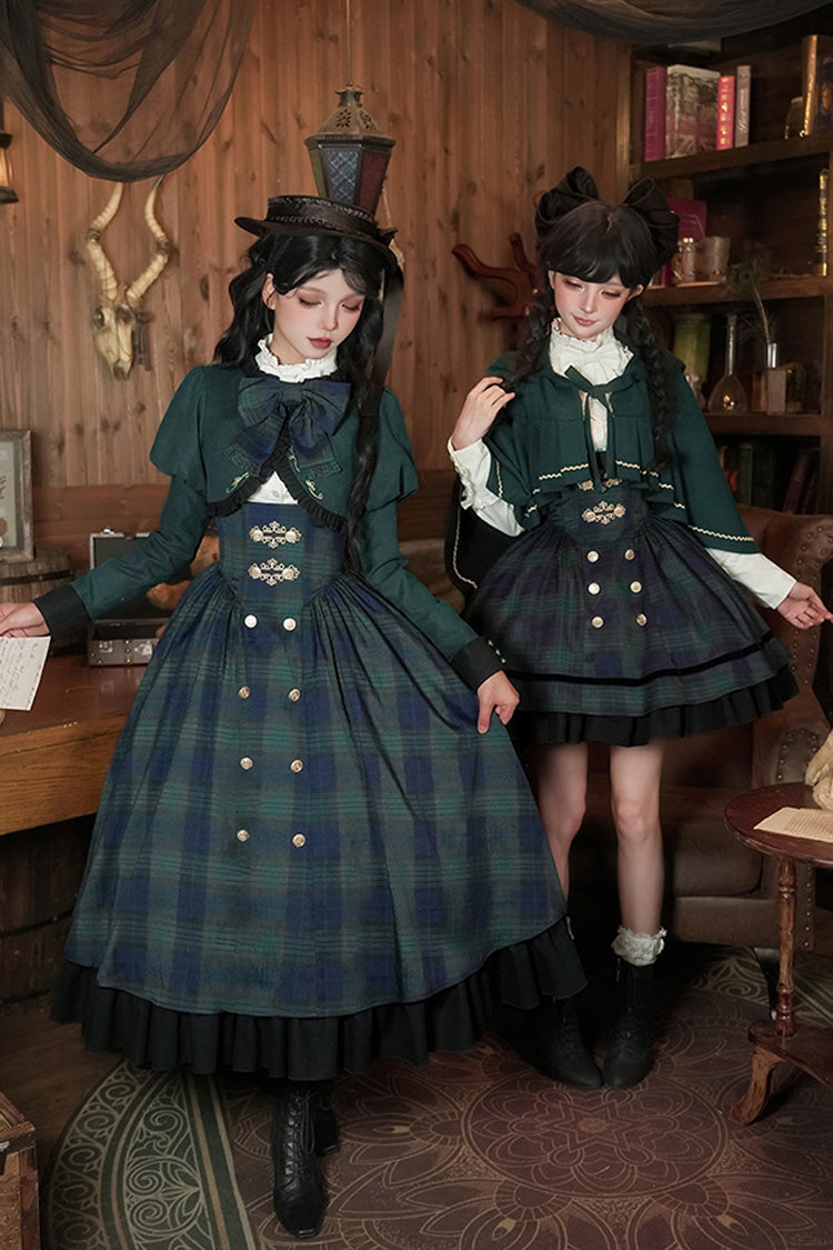 Blue Green Berlin Letter Double-Layered Plaid Print Ruffle Bowknot Classic College Style Lolita Strap Dress Set