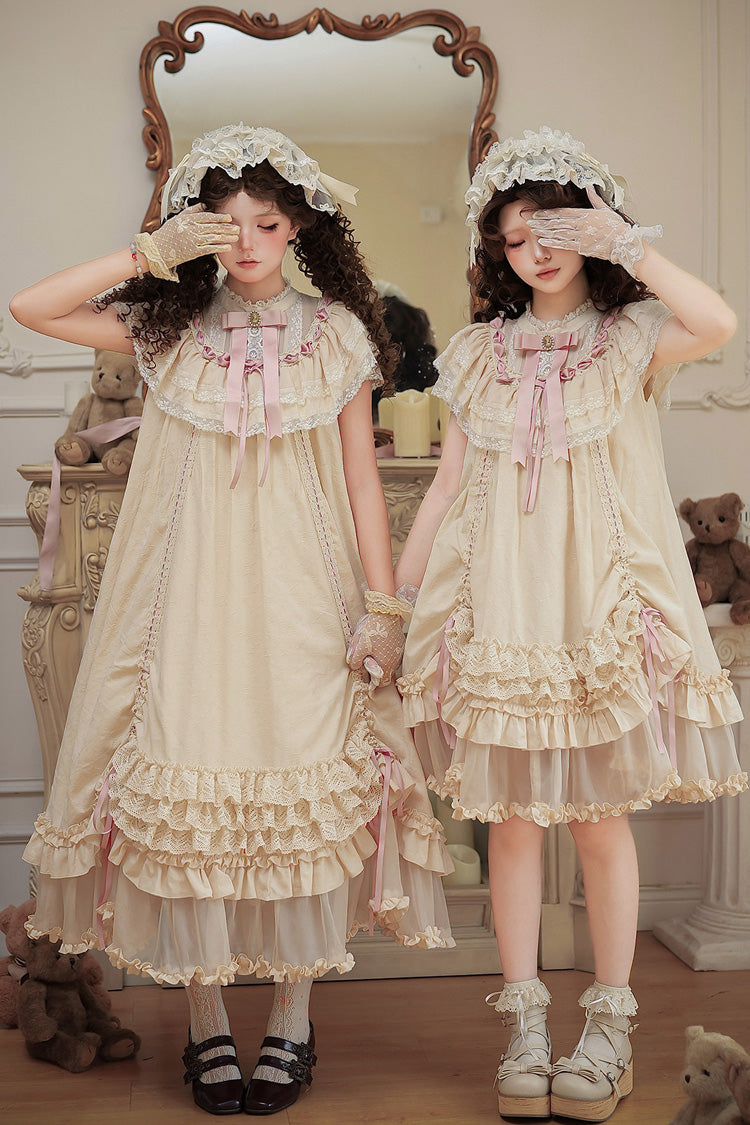 Apricot Sweet Lolita Dress with Stand Collar Short Sleeves Loose Doll-Like Ruffled Bow Lace
