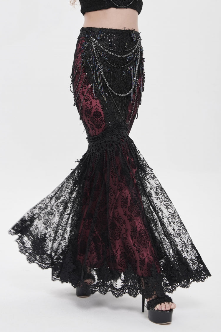 Noir & Red Embroidered Pearl-Adorned Slim Gothic Skirt