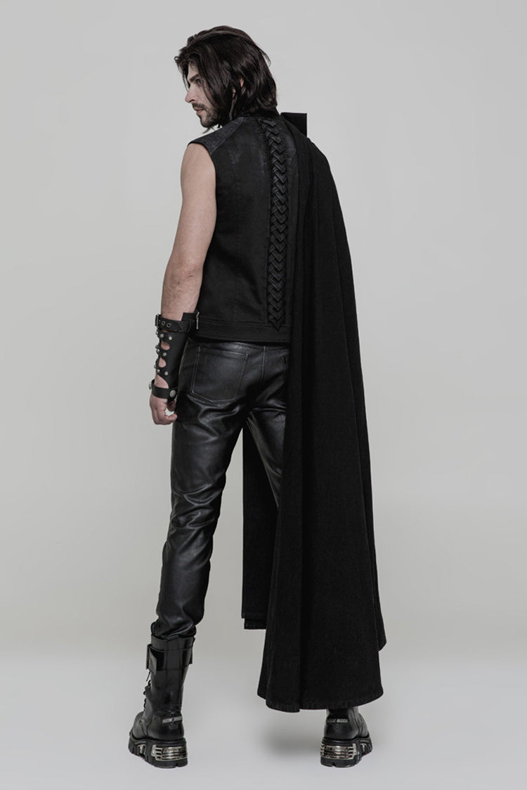 Jet-Black Woven Cloak with Metal Buttons and Asymmetric Hem for Men