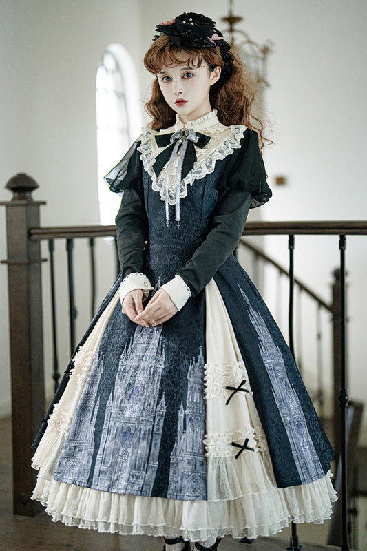 Black & White Church Bells Printed Ruffled Cardigan Bow Elegant Gothic Lolita Dress