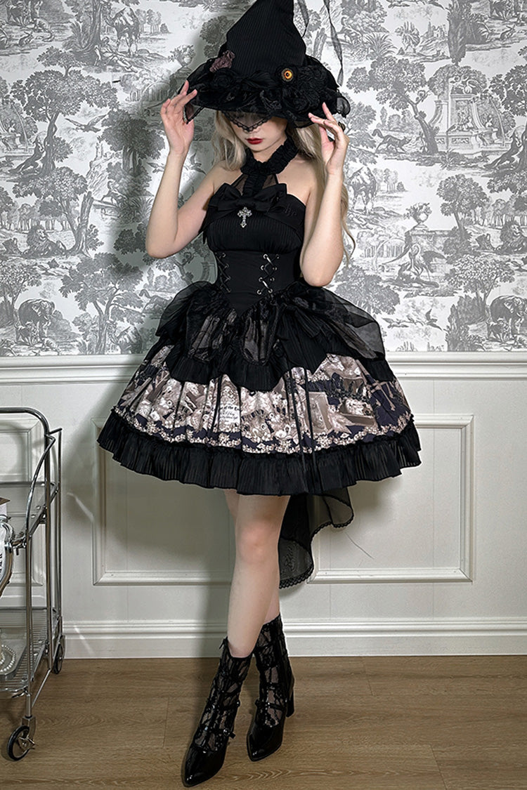 Black The Mystery of The Doll Halterneck Printed Ruffle Bowknot Drawstring Gothic Lolita Dress