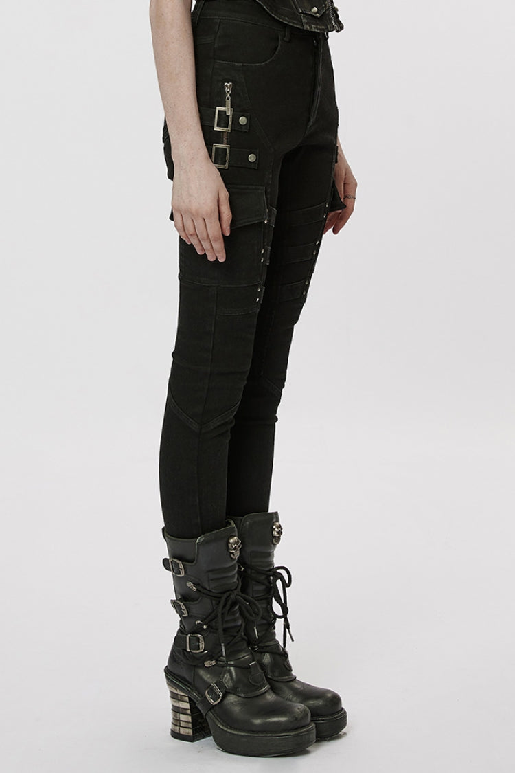 Women's Punk Buckle Jeans, Black with Pocket Detail