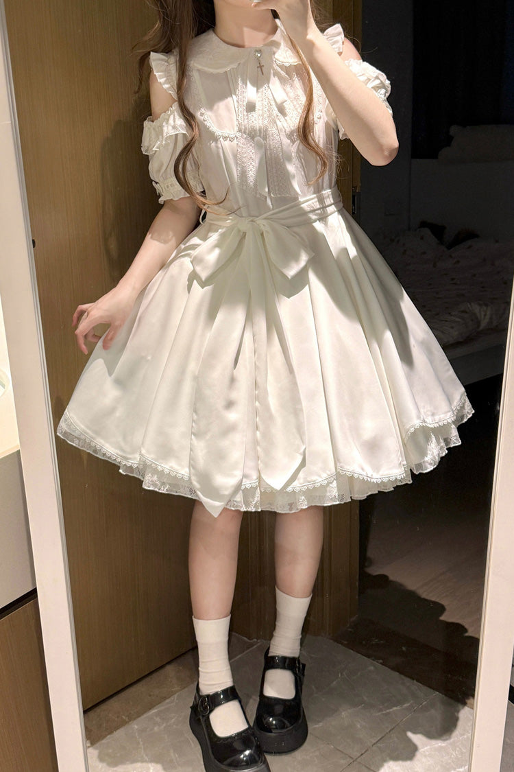 Ivory Oath Lapel Off-Shoulder Short Sleeve Bow Gothic Dress