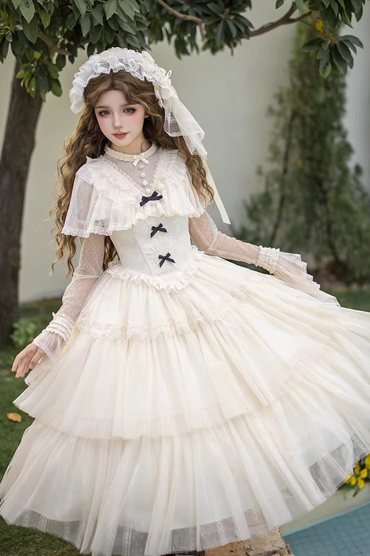 Elegant Sweet Lolita Dress with Edwardian Collar and Ruffled Bow - Ivory
