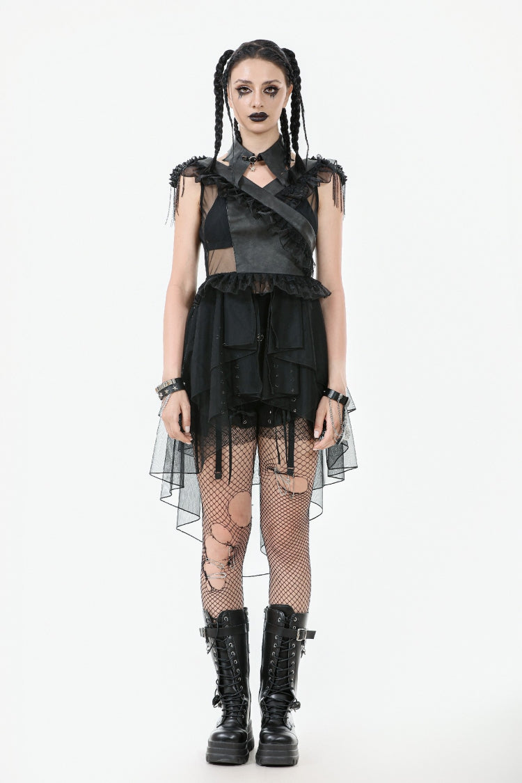 Layered Ruffled Sheer Mesh Punk Dress with V-Neck