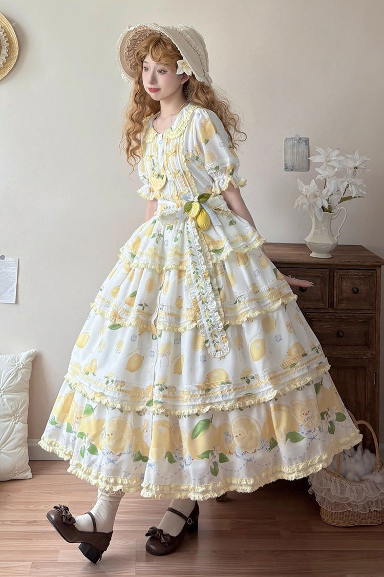 Ivory Triple-Layered Print Ruffle Bow Lace Gorgeous Dress