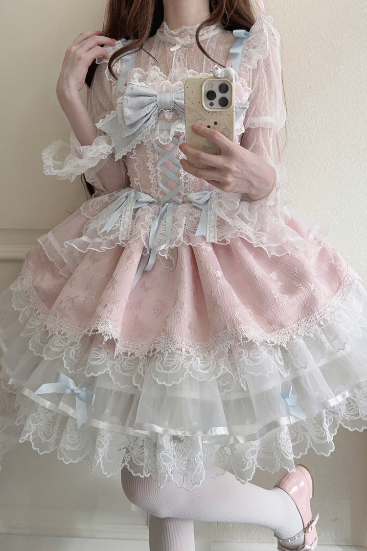 Pink Sweet Ballet Lace Ruffle Sleeveless Bowknot Jsk Dress - Fleishi Island