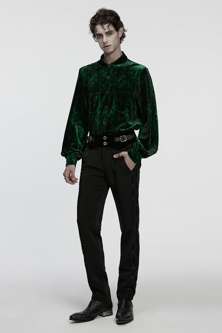 Emerald Men's Gothic Shirt with Puff Sleeves and Lapel Collar