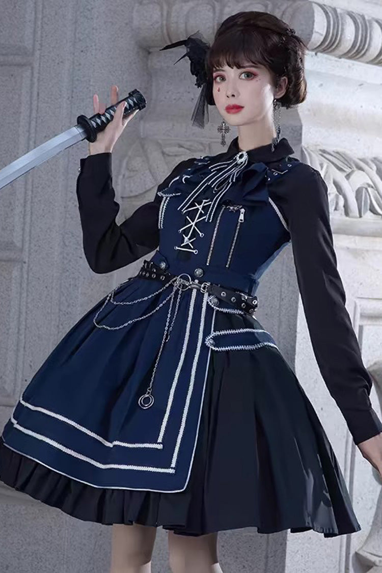 Indigo Lace-Up Military-Style Handsome Lolita Gown with Ruffles