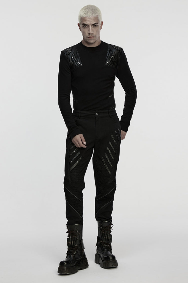 Shadow Crewneck Long-Sleeve Buckled Strappy Pleated Eyelet Punk Top for Men