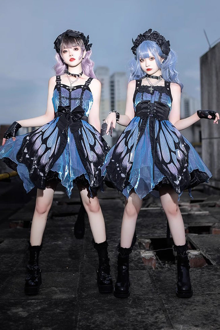 Black Blue Butterfly Effect Sleeveless Printed Girdle Gothic Punk Lolita Dress