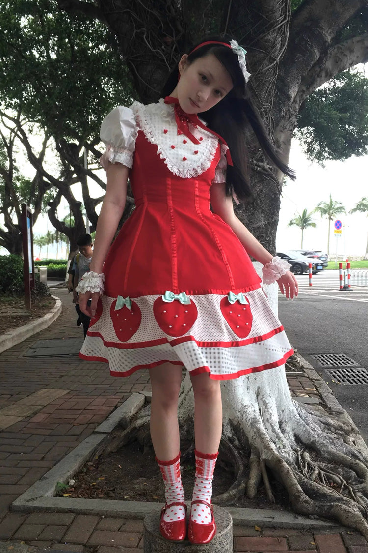 Sweet Lolita Dress with Stand Collar and Bow - Miss Peculiar Strawberry, 2 Shades
