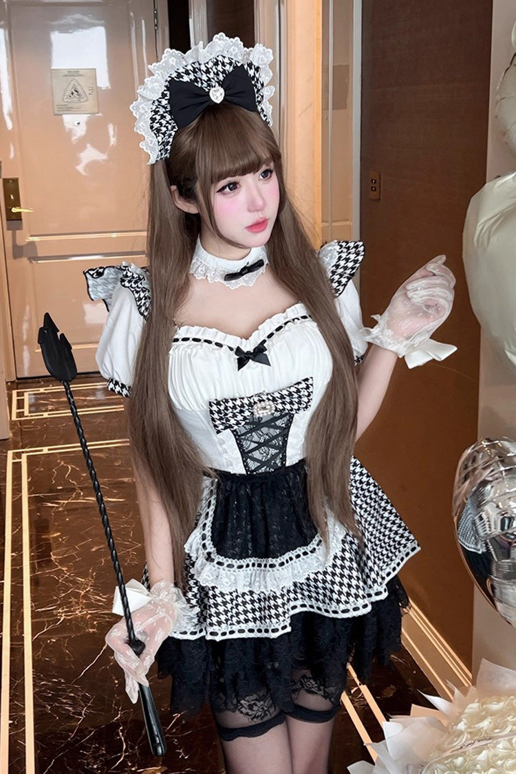 Black/White Square Collar Short Sleeve Print Ruffle Bow Maid Dress