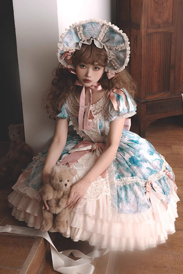 Angel Heart Sky Oil Painting Printed Bow Cardigan Sweet Lolita Dress - Multi-Color