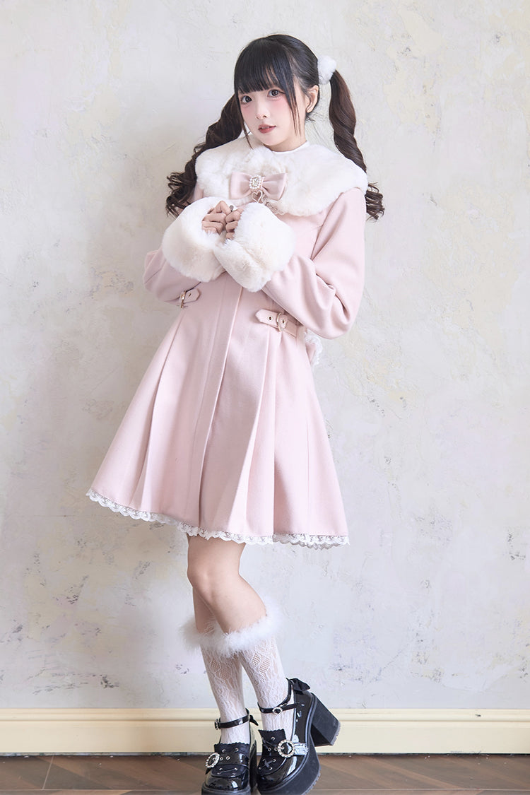 Plush Collar Waist-Cinched Long Sleeve Bow Lace Coat - Lolita Outerwear