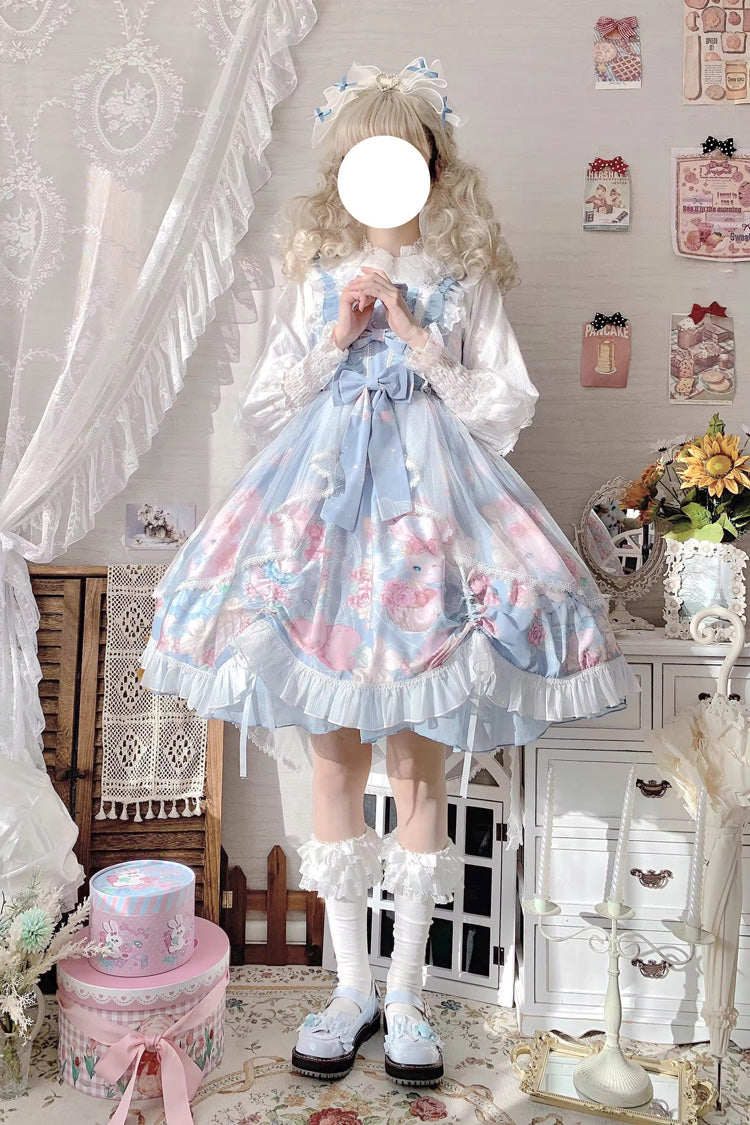 Azure High-Waist Rabbit-Print Sweet JSK with Ruffled Bow