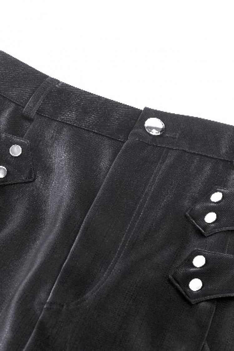 Coal Leather Skirt with Buckle Accents and Side Slit
