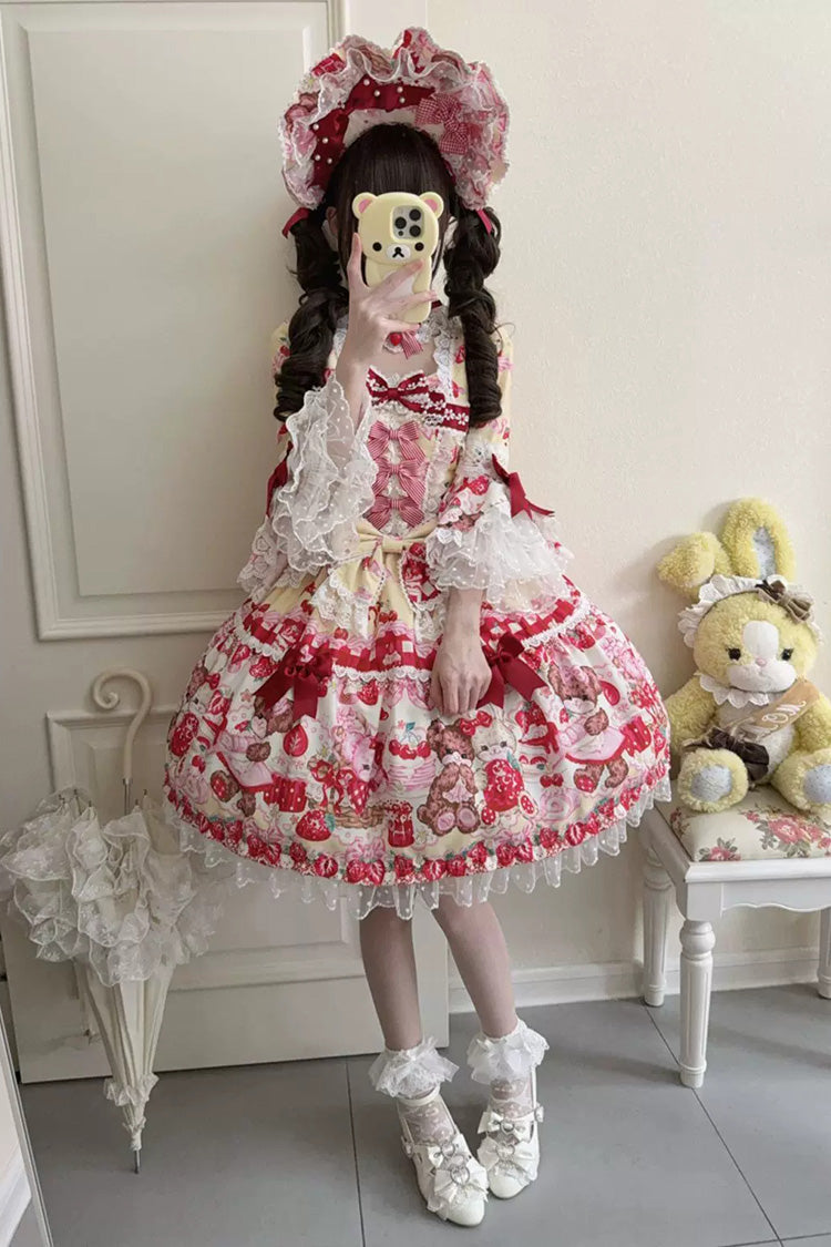 Yellow/Red Sweet Lolita OP Dress Half Sleeves Bow Lace Lace-Up - Sweet Berry Bunny Bear